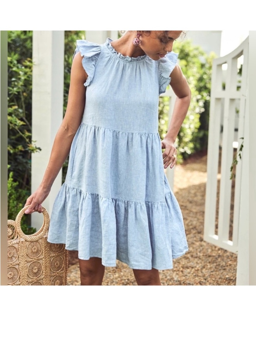 LAKE Pajamas Helen Dress in Chambray Linen Light Blue Ruffle Sleeve Tiered Dress